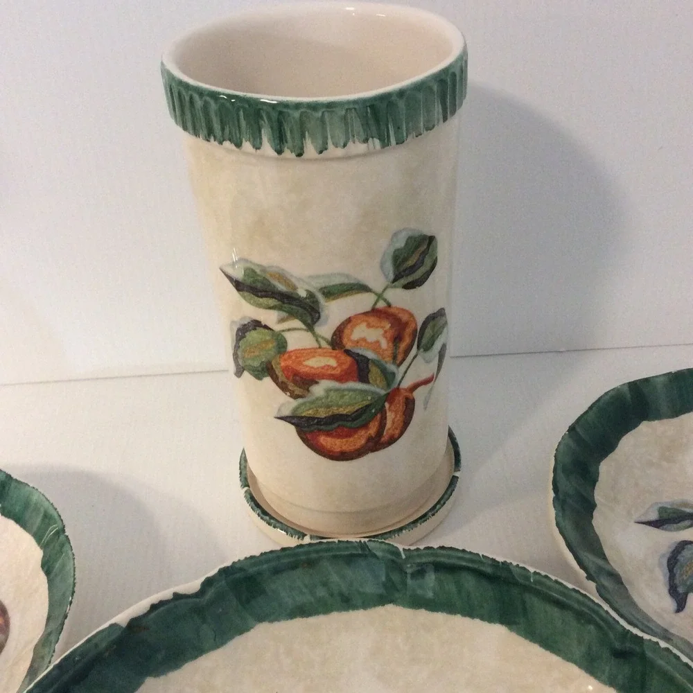 Mid Century Himark Spongewear Italy Pottery Pasta Bowl Set Cottage Core Green